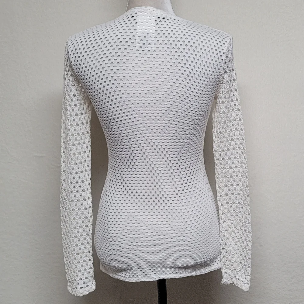 BCBG Max Azria ‘Elain' Long Sleeve Stretch White Mesh Top Long Sleeve Sheer Mesh